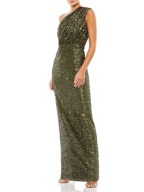 Mac Duggal Olive Sequin One-Shoulder Gown